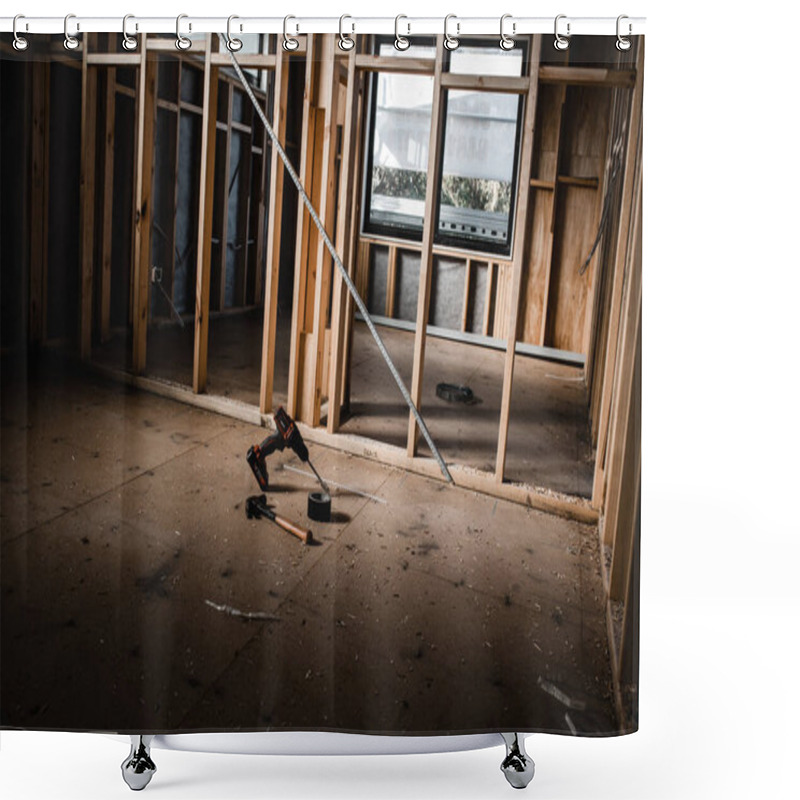 Personality  A Construction Set Of A House Being Built With Exposed Wires And Wooden Beams, Light Shining In On The Tools Shower Curtains