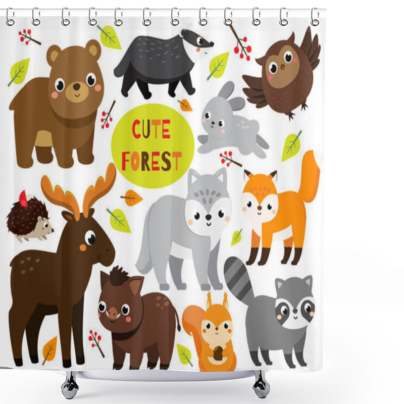 Personality  Cute Cartoon Forest Animals Set. Woodland Wildlife. Badger, Raccoon, Moose And Other Wild Creatures For Kids And Children. Shower Curtains