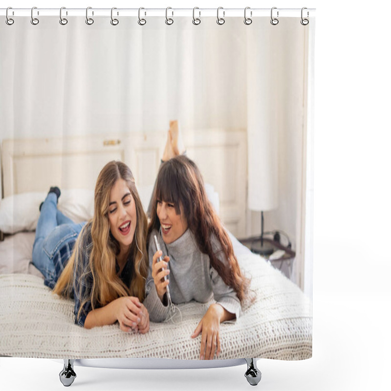 Personality  COVID-19 Stay Home Stay Connected. Happy Women Girlfriends On Mobile Phone Playing, Video Calling, Chatting With Friends Or Online Group House Party During Coronavirus Lockdown And Social Distancing. Shower Curtains