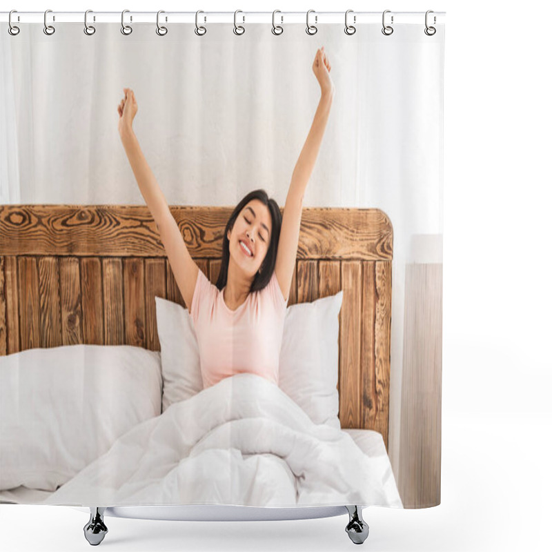 Personality  Joyful Woman Waking Up Stretching Hands Enjoying Morning At Home Shower Curtains