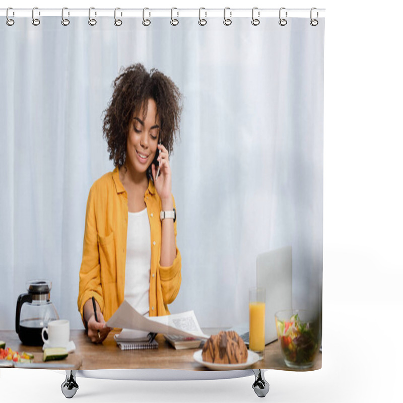 Personality  Young African American Woman Working At Home With Various Food On Table Shower Curtains