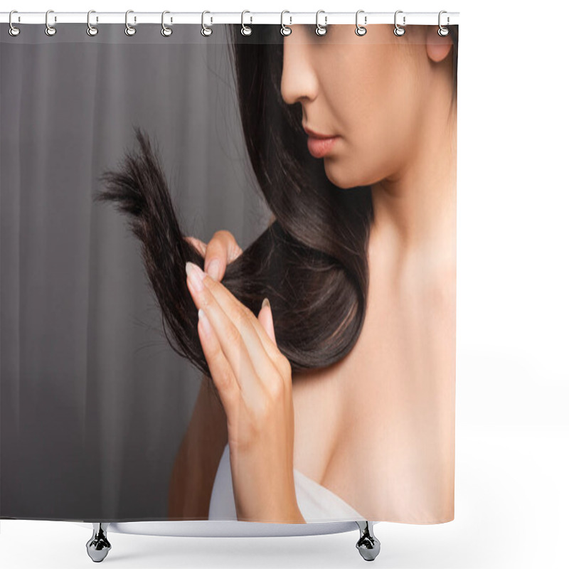 Personality  Cropped View Of Upset Brunette Woman Touching Hair Isolated On Black Shower Curtains