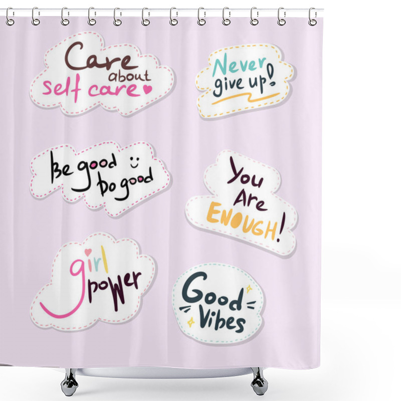 Personality  Set Of Cute Girl's Stickers And Inspiration Quotes, Isolated Vector Elements On Pink Background Shower Curtains