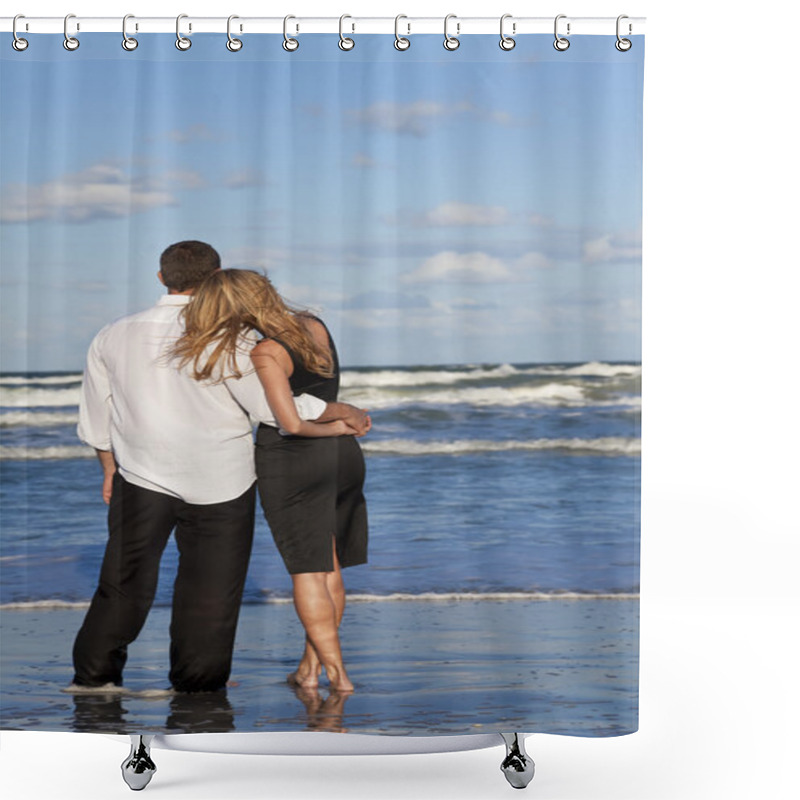 Personality  Man And Woman Couple In Romantic Embrace On Beach Shower Curtains