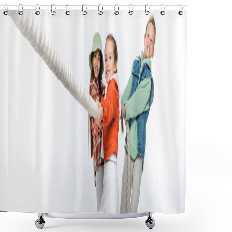 Personality  Preteen Children Pulling Rope While Playing Tug Of War Game On White, Banner Shower Curtains