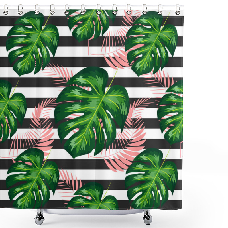 Personality  Seamless Pattern With Tropical Leaves: Palms, Monstera, Banana Leaves, Jungle Leaf Seamless Pattern Striped Background. Shower Curtains