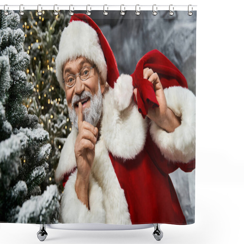 Personality  A Cheerful Santa Claus With A Sparkling Smile Whispers A Secret Amidst Snowy Pine Trees Shower Curtains