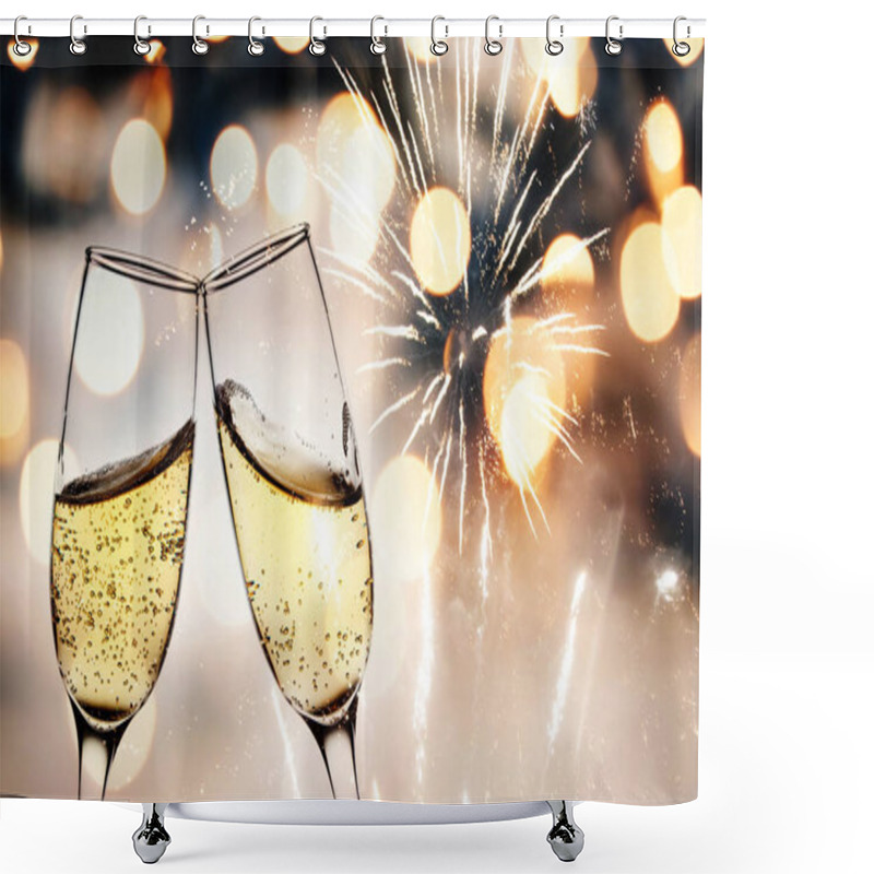 Personality  Toasting With Champagne Glasses Against Holiday Lights And New Y Shower Curtains