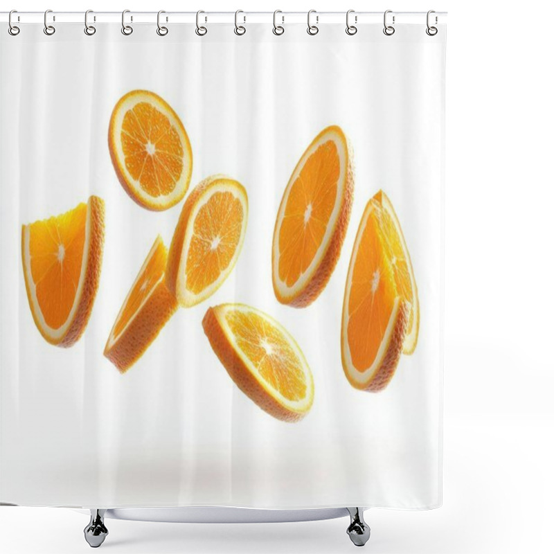 Personality  Fresh Orange Slices Floating Elegantly Against A Clean White Background. Shower Curtains