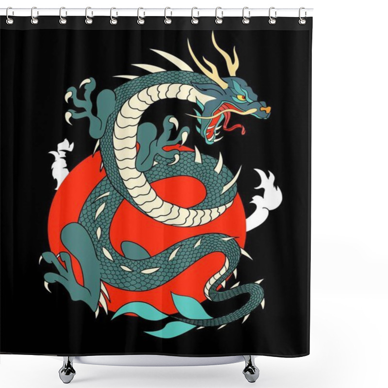 Personality  Japanese Flying Dragon With Red Sun With Floating Clouds On Dark Background Vector Design Shower Curtains