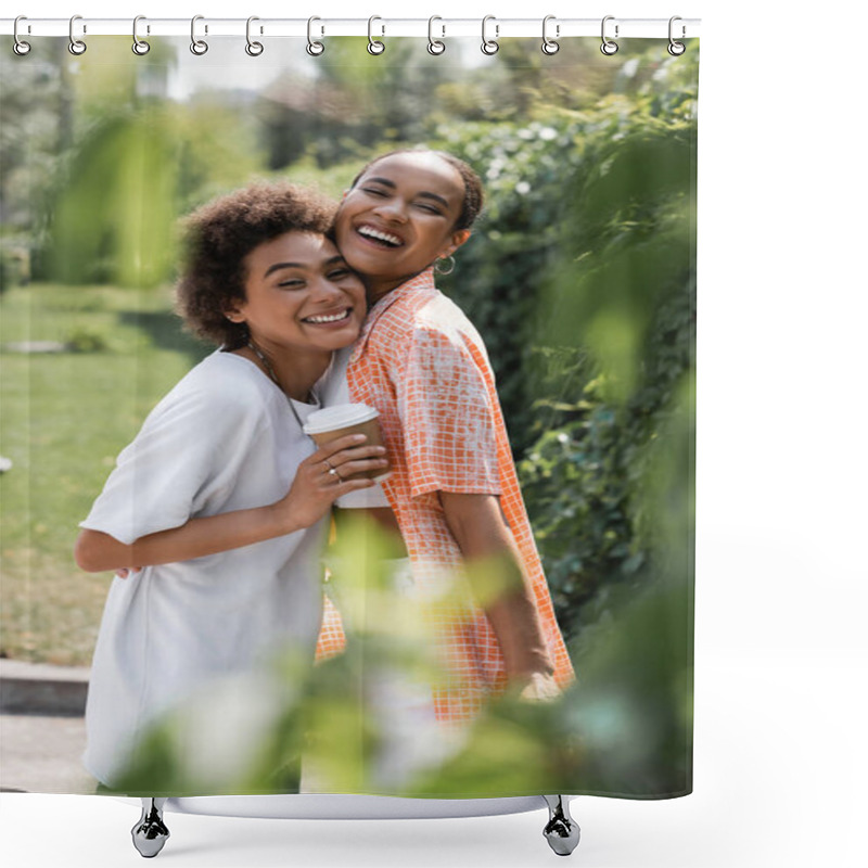 Personality  Happy African American Lesbian Couple Holding Coffee To Go In Park  Shower Curtains