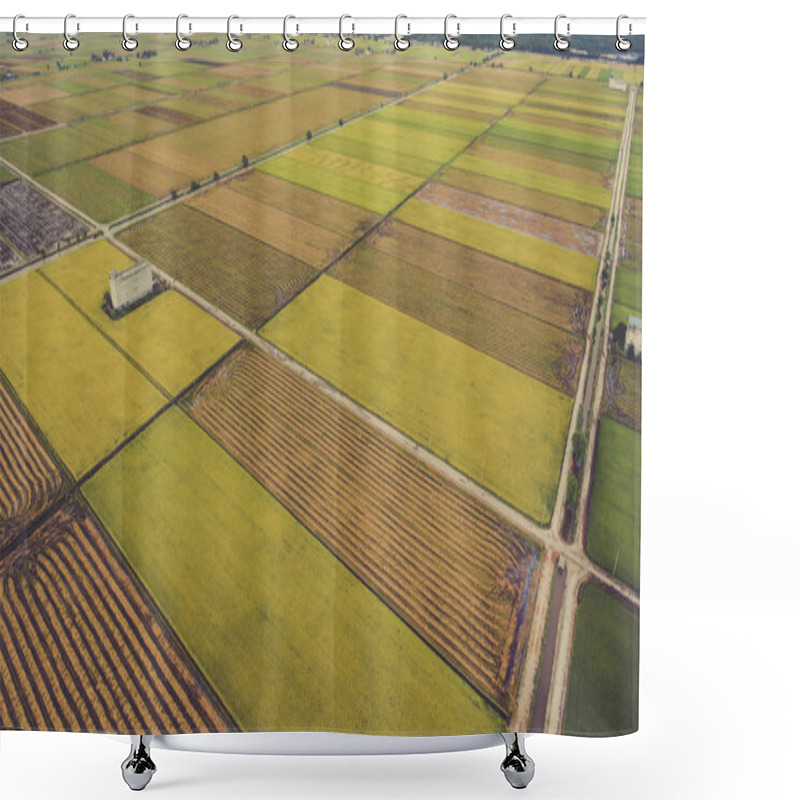 Personality  Aerial Photo From Flying Drone Of A Beauty Nature Scenery With Farm With Cultivation Of Grain Rice Or Millet Crops. Shower Curtains