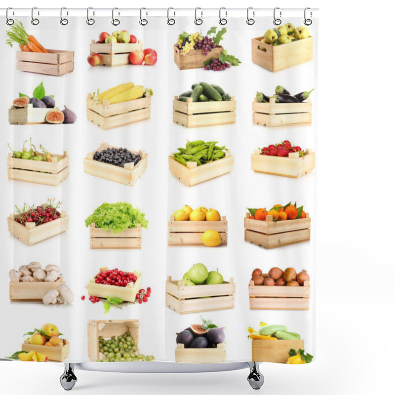 Personality  Collage Of Fruits And Vegetables In Wooden Boxes Isolated On White Shower Curtains