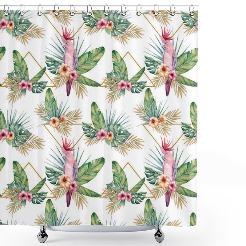 Personality  Watercolor Tropical Seamless Pattern With Parrots, Hibiscus Flowers, Banana And Monstera Leaves. Trendy Pattern With Golden Elements For Wallpapers, Web Page Backgrounds, Fabric And Other Products. Shower Curtains