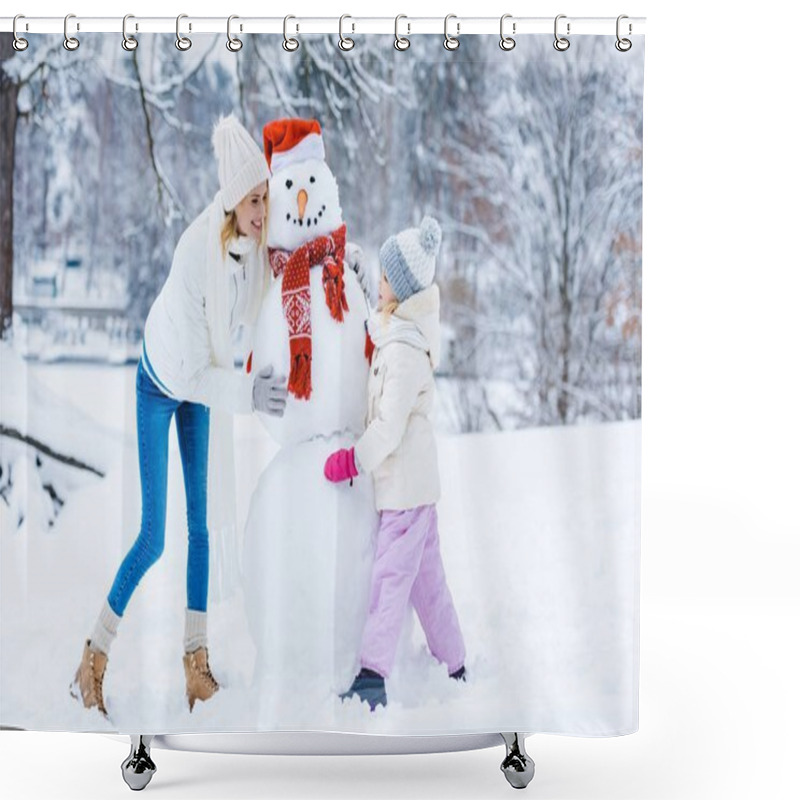 Personality  Happy Mother And Daughter Making Snowman Together In Winter Forest Shower Curtains