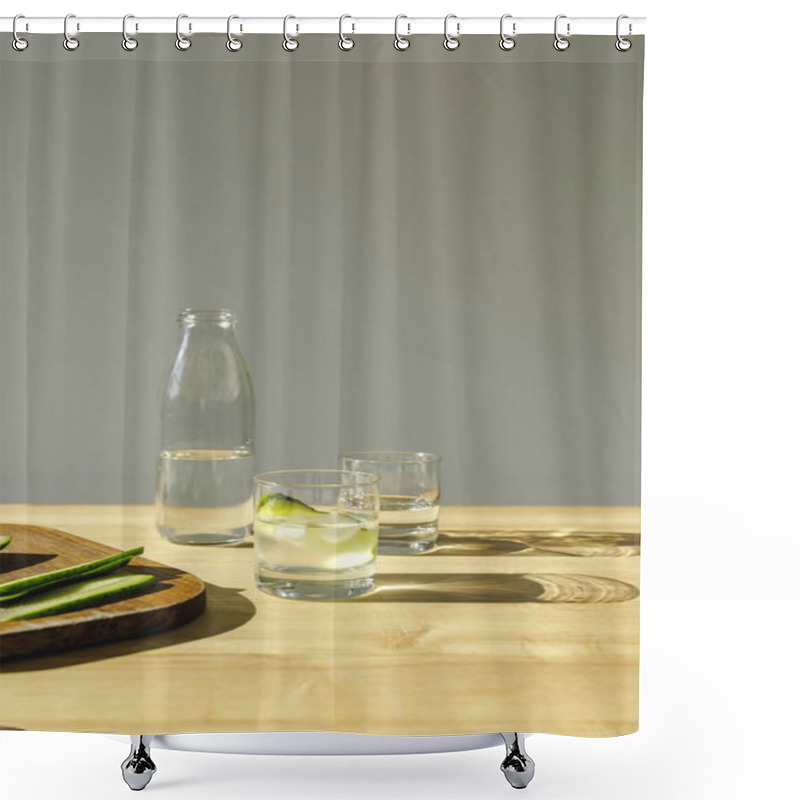 Personality  Cut Cucumbers And Mineral Detox Water On Wooden Tabletop  Shower Curtains