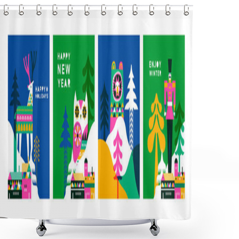 Personality  Happy Winter Holiday Greeting Card Set. Modern Flat Geometric Illustration Collection In Scandinavian Art Style. Winter City With Colorful Pine Tree Forest, Deer, Bear And Christmas Houses. Shower Curtains