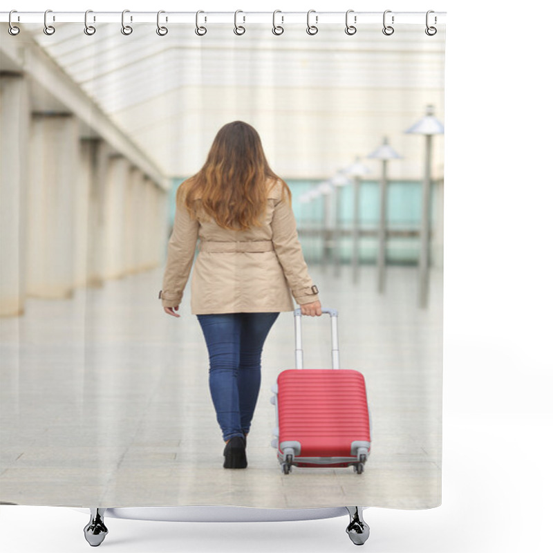 Personality  Tourist Woman Walking Carrying A Suit Case In An Airport Shower Curtains