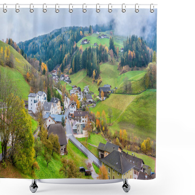 Personality  The Idyllic San Pietro Village In Val Di Funes. Trentino Alto Adige, Italy. Shower Curtains