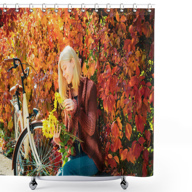 Personality  Weekend Activity. Active Leisure And Lifestyle. Girl Ride Bicycle For Fun. Blonde Enjoy Relax Park Garden. Autumn Bouquet. Warm Autumn. Girl With Bicycle And Flowers. Woman With Bicycle Autumn Garden. Shower Curtains