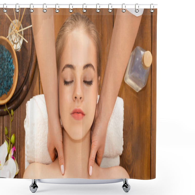 Personality  Beautiful Woman Relaxing In Spa Salon And Takes Neck Massage Shower Curtains