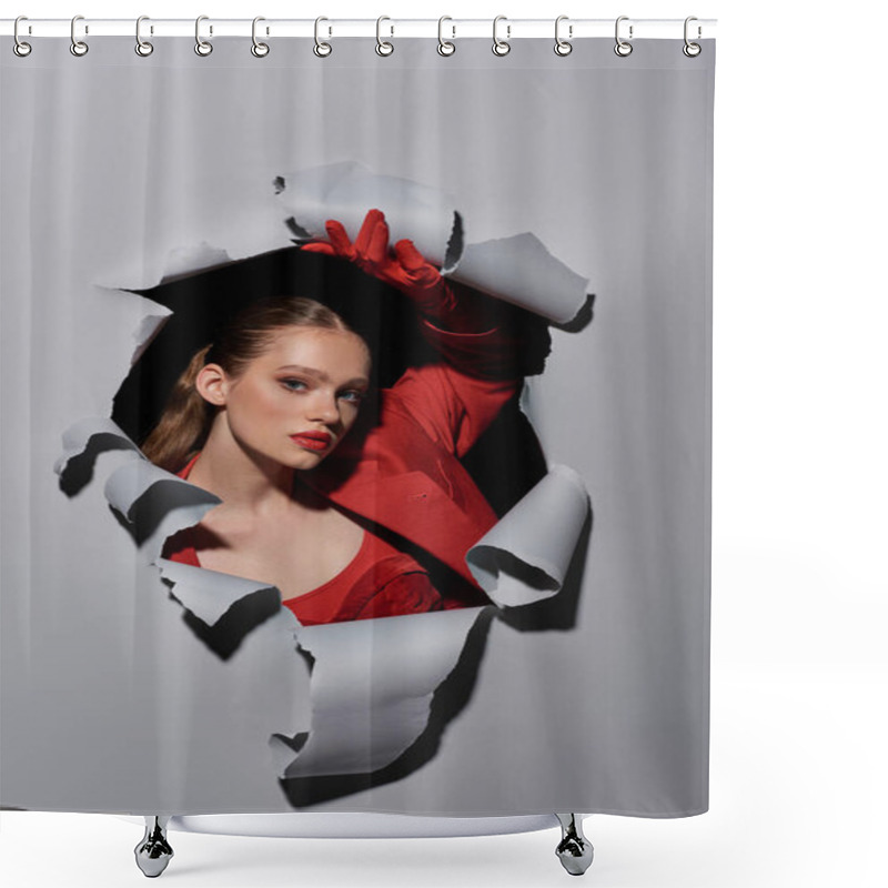 Personality  Attractive Young Woman With Red Lips And Gloves Breaking Though Hole In Grey Background, Conceptual Shower Curtains