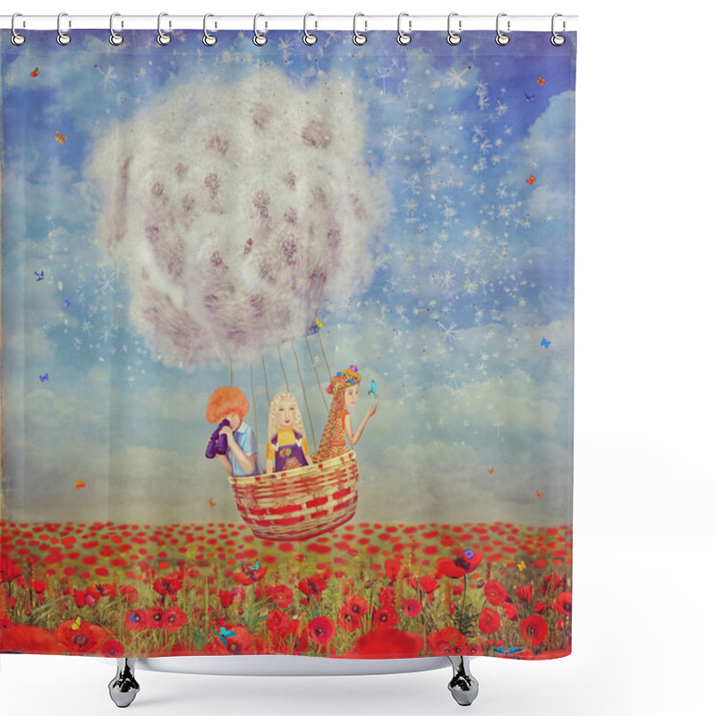 Personality  Children In A Balloon  Over The Beautiful Landscape With Poppies  Against The Sky With Clouds Shower Curtains