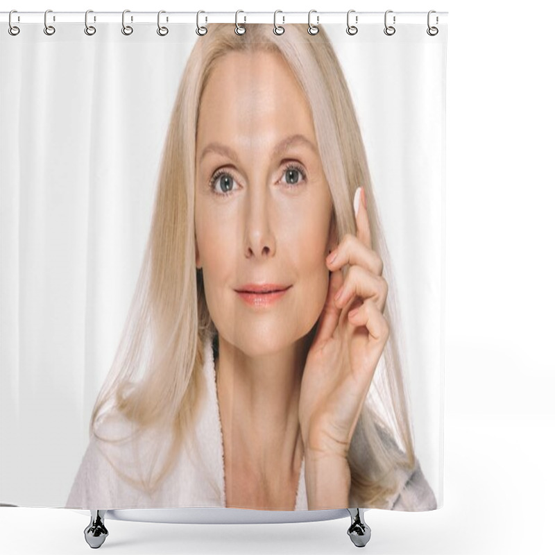 Personality  Mature Woman Applying Cosmetic Cream Shower Curtains