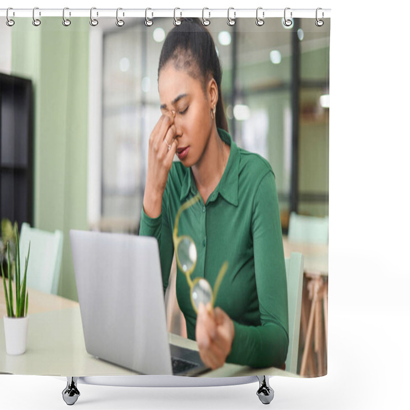 Personality  Tired Young African-american Female Employee Took Glasses Off And Is Massaging Bridge Of The Nose, Suffering From Severe Headache Migraine. Weary Freelancer Woman Overwhelmed With Computer Work Shower Curtains