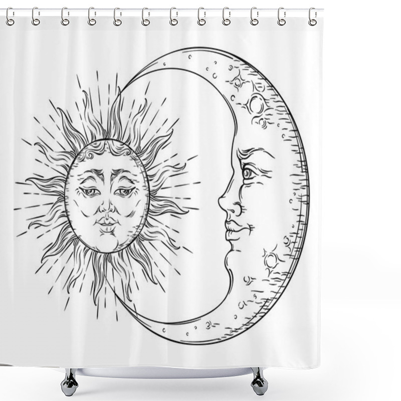 Personality  Antique Style Hand Drawn Art Sun And Crescent Moon. Boho Chic Tattoo Design Vector Shower Curtains