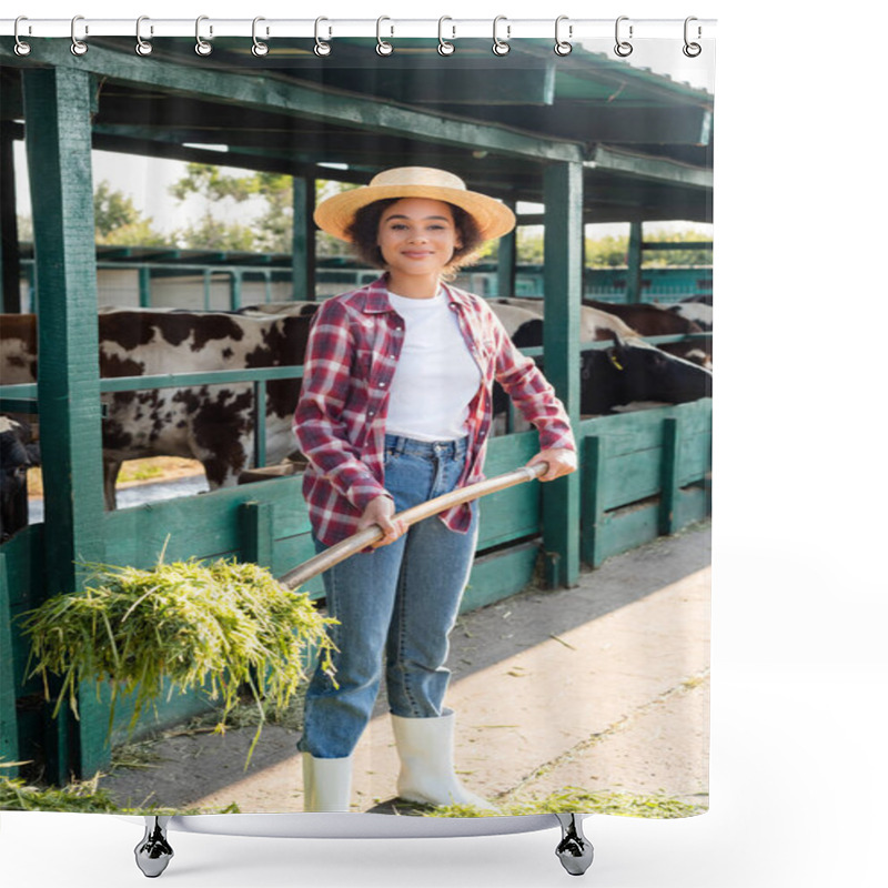 Personality  Happy African American Woman Looking At Camera While Stacking Hay Near Cowshed Shower Curtains