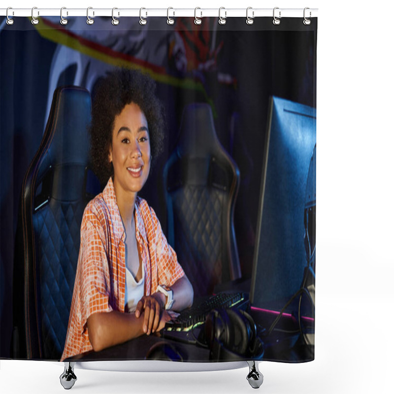 Personality  Smiling African American Woman With Smartwatch On Hand Looking At Camera Near Compute, Cybersport Shower Curtains