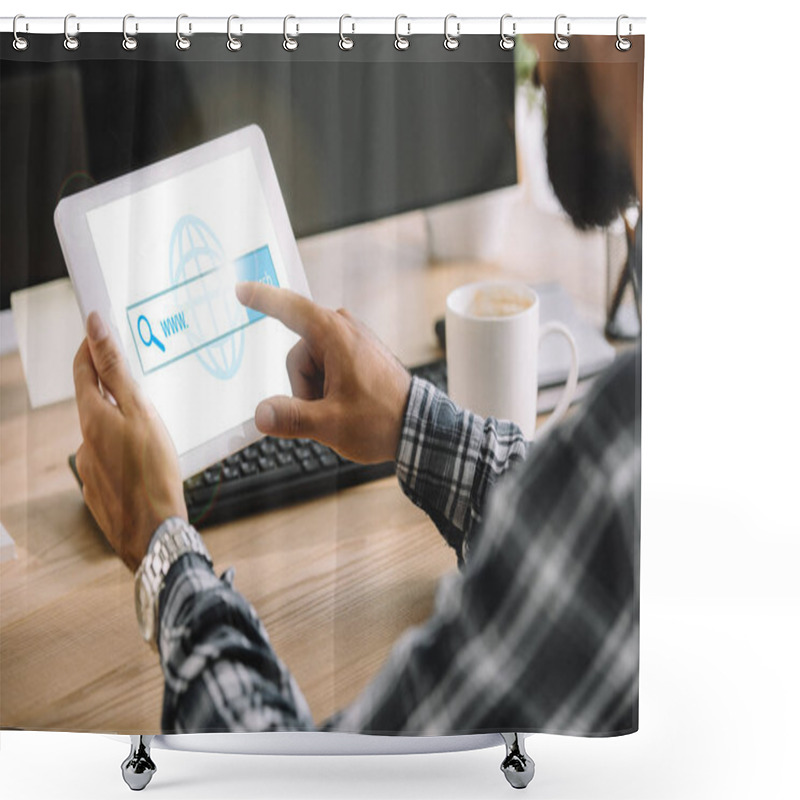 Personality  Cropped Shot Of Seo Manager Using Tablet With Website On Screen   Shower Curtains