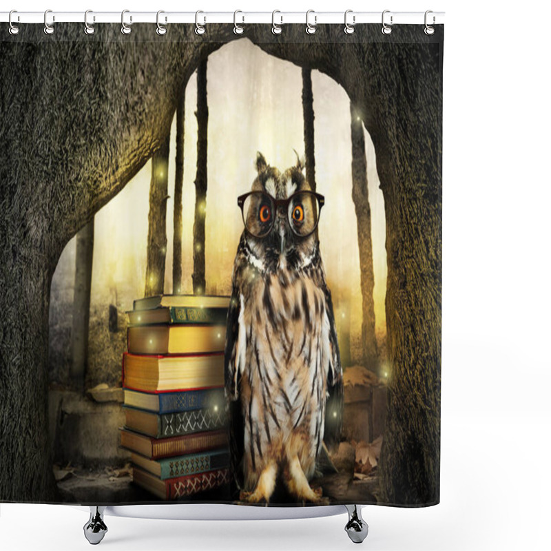 Personality  Beautiful Wise Owl Near Books In Fantasy World Shower Curtains