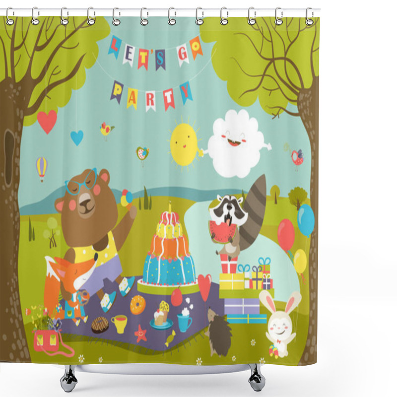 Personality  Cartoon Animals Celebrating Birthday In The Forest Shower Curtains