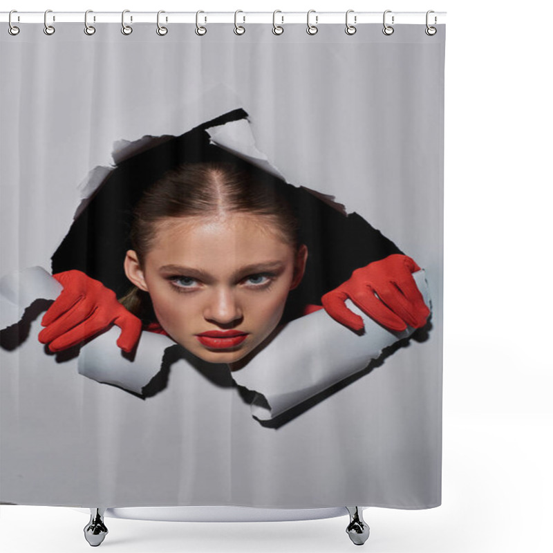 Personality  Young Woman With Red Lipstick And Gloves Peeking Through Hole In Ripped Grey Paper, Bold Makeup Shower Curtains