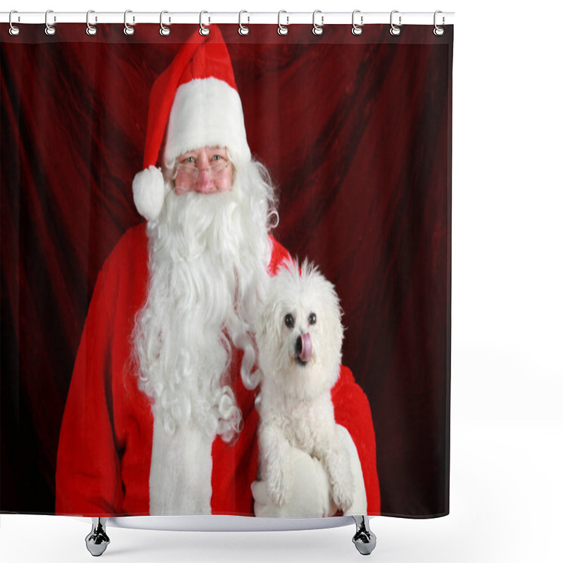 Personality  Christmas Santa Claus. Christmas Bichon Frise Dog. Santa Claus Holds A Bichon Frise Dog. Santa Holds His Bichon Frise Dog. Santa Holds His Pure Breed Bichon Frise Dog For A Christmas Photo. Merry Christmas.  Shower Curtains