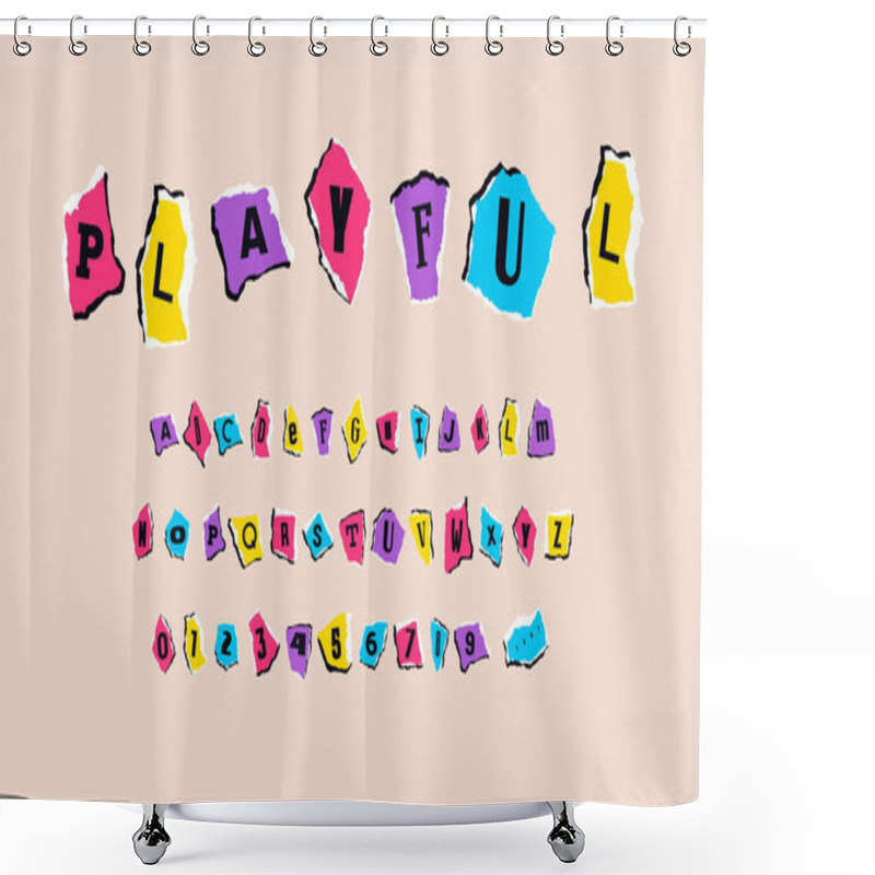 Personality  Decorative Font Of Zine Collage Style. Letters And Numbers On Scraps Of Paper For Bright Headline Design Shower Curtains