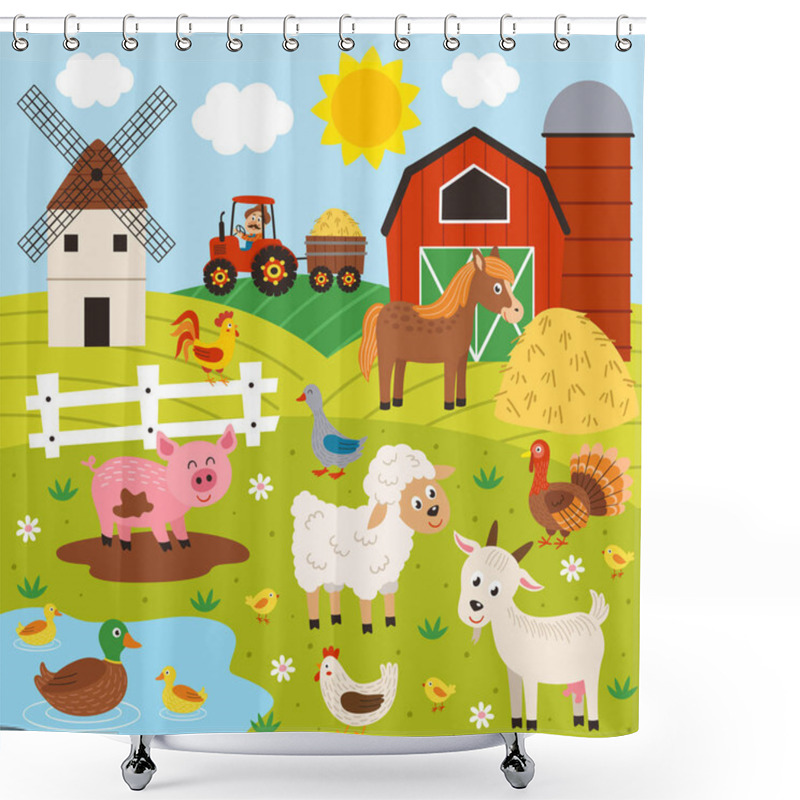 Personality  Farmer And Happy Animal Farm - Vector Illustration, Eps     Shower Curtains