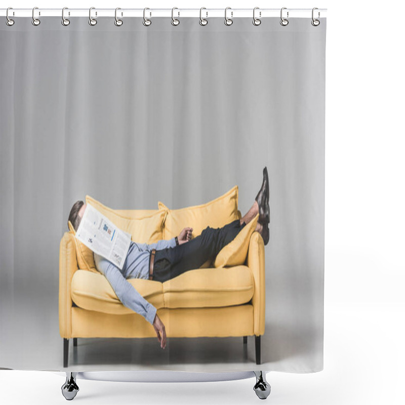 Personality  Tired Businessman Sleeping On Yellow Sofa With Newspaper On Face, On Grey Shower Curtains