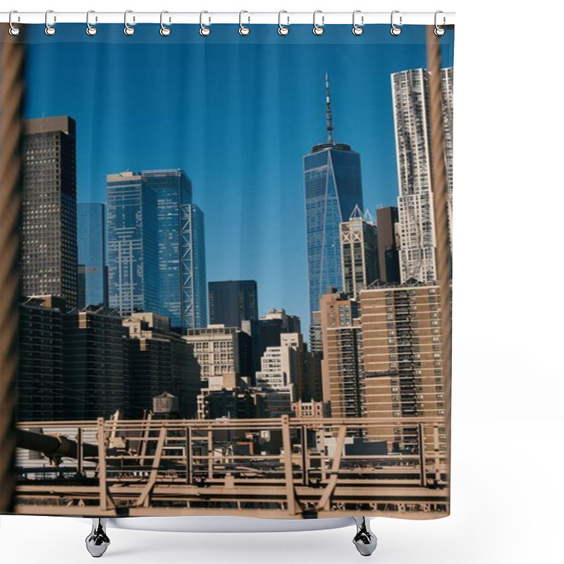 Personality  A View Of The New York City Skyline Captured Through The Metal Frame Of A Bridge. Shower Curtains