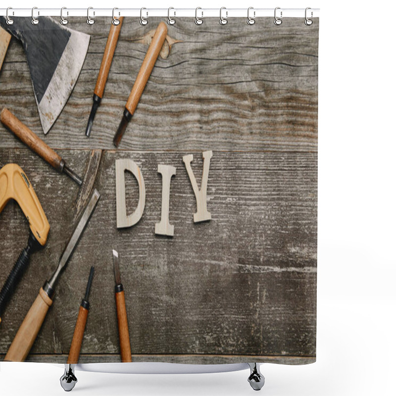 Personality  Top View Of Different Carpentry Tools And Diy Sign On Wooden Background Shower Curtains