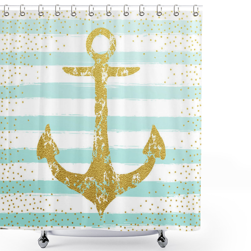 Personality  Golden Anchor On Striped Background Wallpaper. Shower Curtains