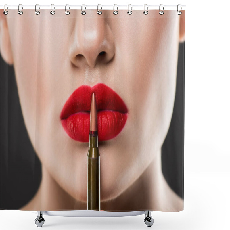 Personality  Partial View Of Young Woman Holding Bullet Near Red Lips, Isolated On Grey Shower Curtains