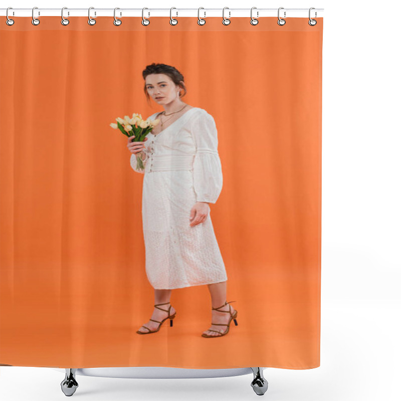 Personality  Fashion Concept, Pretty Young Woman In White Sun Dress Holding Yellow Tulips And Standing On Orange Background, Lady In White, Vibrant Background, Fashion, Summer, Bouquet Of Flowers, Full Length Shower Curtains