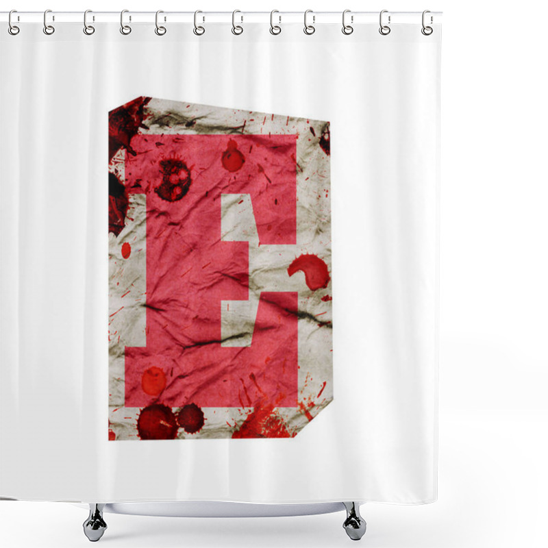 Personality  Cut Out Ransom Alphabet Letter. Blackmail Ransom Kidnapper Anonymous Note Font. English Letter Crumpled Grungy Vintage Old Paper Texture With Blood Splashes Isolated On A White. Collage Style Design Shower Curtains