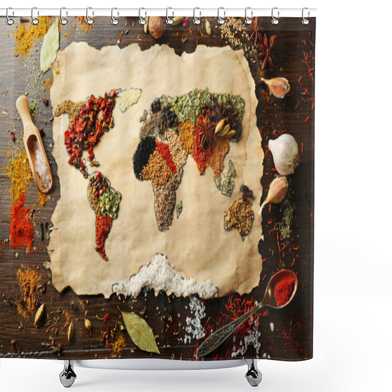 Personality  Map Of World Made From Different Kinds Of Spices On Wooden Background Shower Curtains