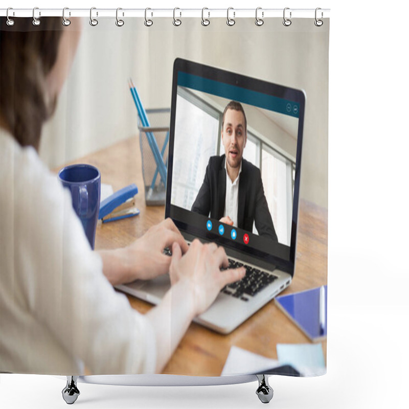 Personality  Businesswoman Making Video Call To Business Partner Using Laptop Shower Curtains