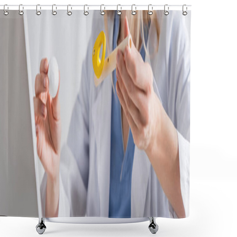 Personality  Cropped View Of Speech Therapist In White Coat Holding Respiratory Muscle Trainer Near Laptop In Consulting Room, Banner  Shower Curtains