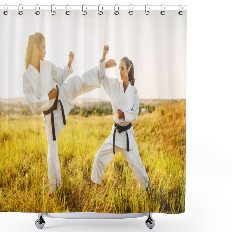 Personality  Two Female Karate With Black Belts Fight In Summer Field. Martial Art Fighters On Workout Outdoor, Technique Practice Shower Curtains